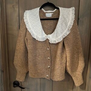 Women's Lush Tan Sweater with White Lace Collar